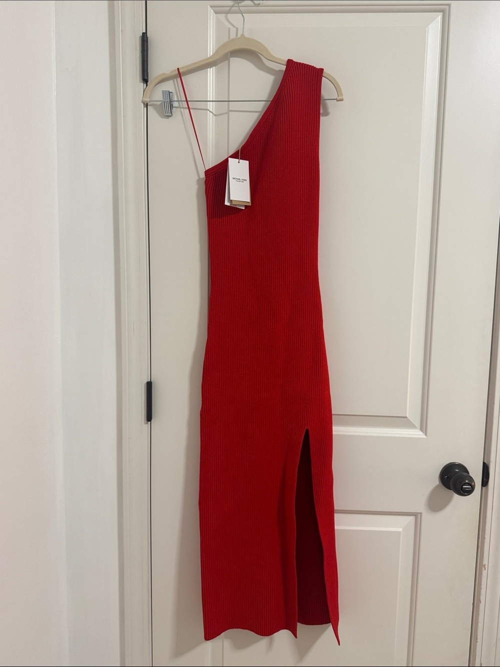 Michael Kors Red One-Shoulder Ribbed Midi Dress with Side Slit
